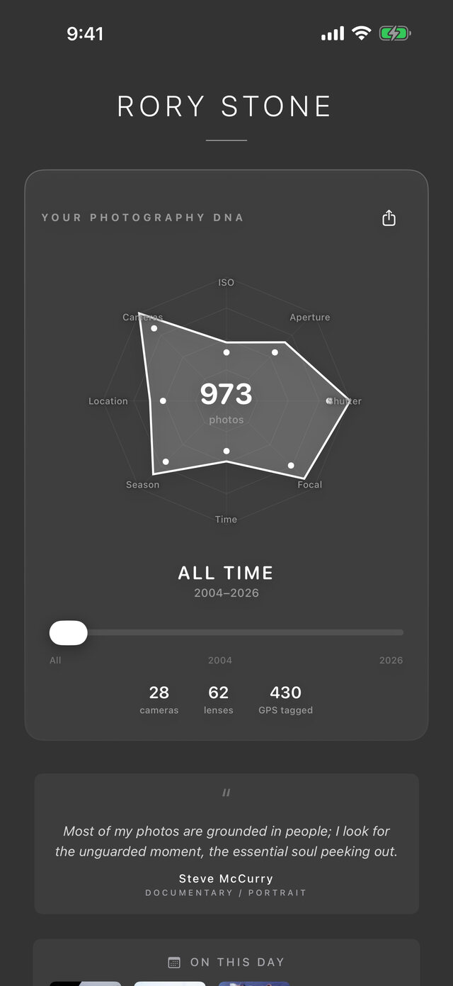 Rory Stone app home screen: a Photography DNA radar chart summarizing 973 photos shot between 2004 and 2026, with 28 cameras, 62 lenses and 430 GPS-tagged frames.